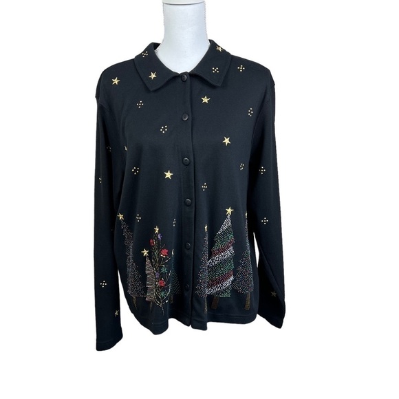 Bechamel Button Down Christmas Tree embroidered long sleeve Blouse Black Size L - Picture 1 of 9